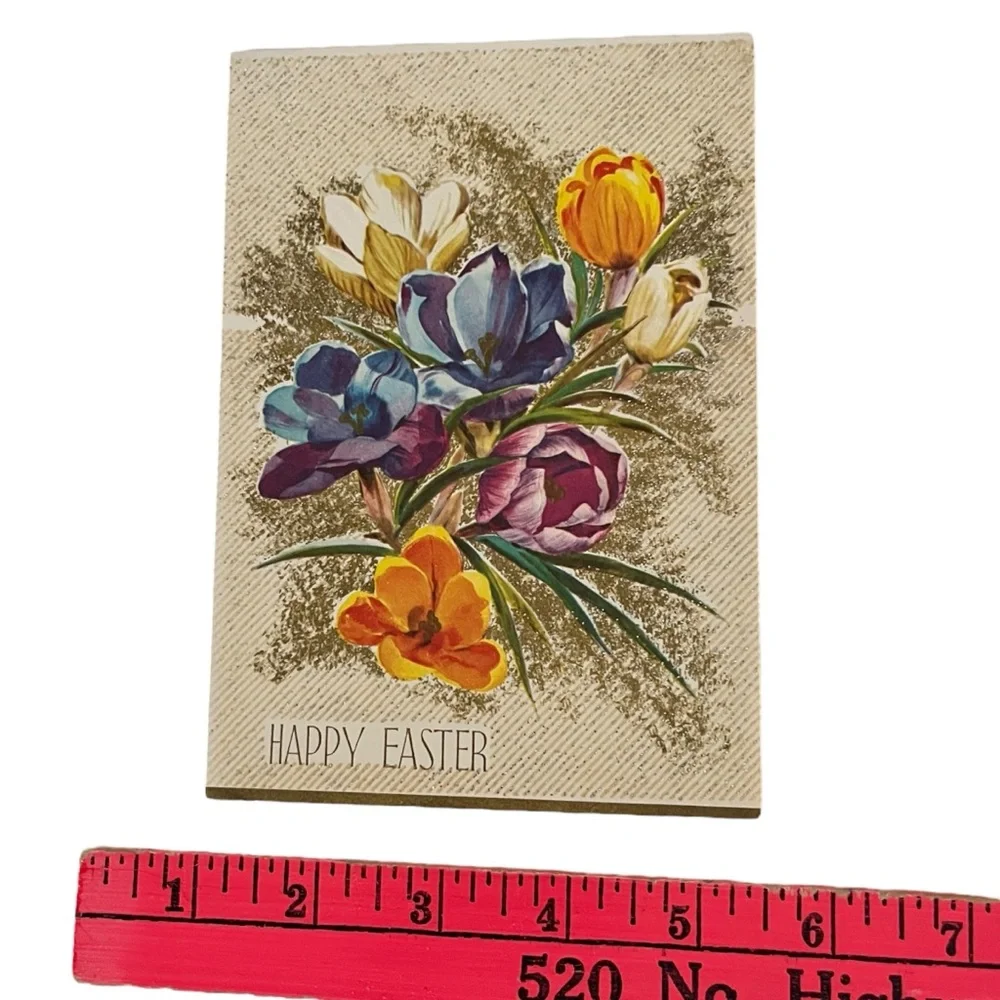 Unused Vintage Easter Greeting Glitter Floral Bouquet Quaint Shop Original